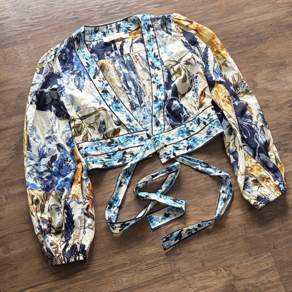 Zimmerman top. Floral Wrap Blouse with Blue and Gold Accents